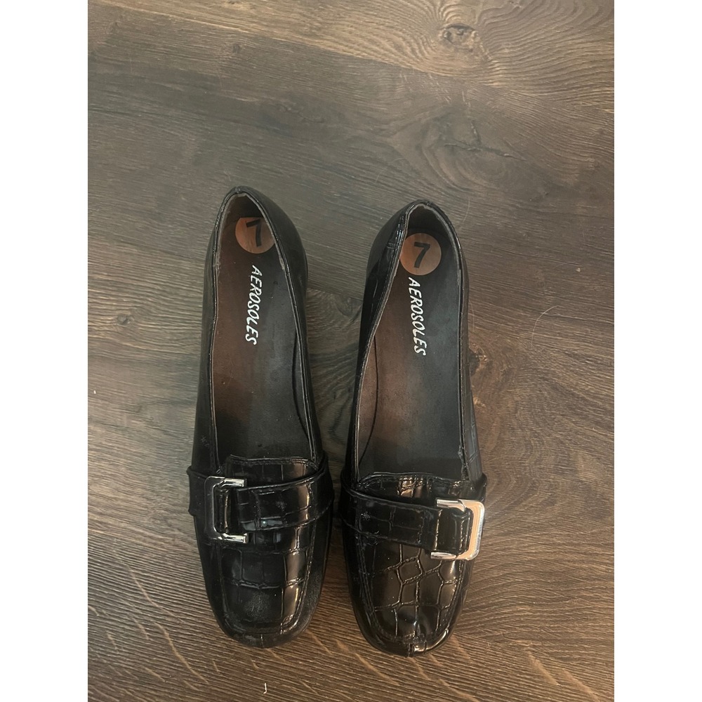 Aerosoles Black Patent Croc Wedge Loafers Silver Buckle Square Toe Shoes 7